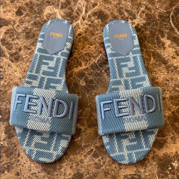 Fendi Shoes - Fendi denim logo sandals flats slides blue striped canvas sz 38